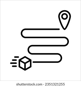 Shipment Distance, Pin on Map with Box Outline Icon. Order Route Sign, Delivery Service Path Line Symbol. vector illustration on white background