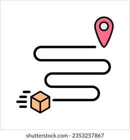 Shipment Distance, Pin on Map with Box Outline Icon. Order Route Sign, Delivery Service Path Line Symbol. vector illustration on white background