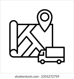Shipment Distance, Pin on Map with Box Outline Icon. Order Route Sign, Delivery Service Path Line Symbol. vector illustration on white background