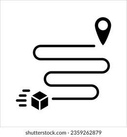 Shipment Distance, Pin on Map with Box Outline Icon. Order Route Sign, Delivery Service Path Line Symbol. vector illustration on white background