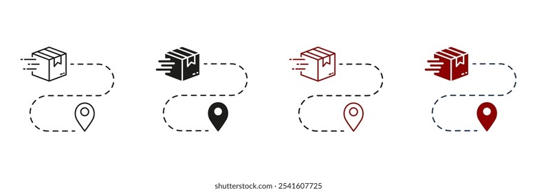 Shipment Distance, Pin on Map with Box Line and Silhouette Icon Set. Order Route Sign. Parcel Location Pictogram. Delivery Service Path Symbol. Editable Stroke. Isolated Vector Illustration.