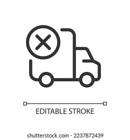 Shipment failed pixel perfect linear ui icon. Cancel cargo transportation. Delivery failure. GUI, UX design. Outline isolated user interface element for app and web. Editable stroke. Arial font used
