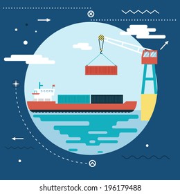 Shipment Freight Symbol Ocean Sea River Shipping Loading Cargo on Stylish Background Modern Flat Design Template Vector Illustration