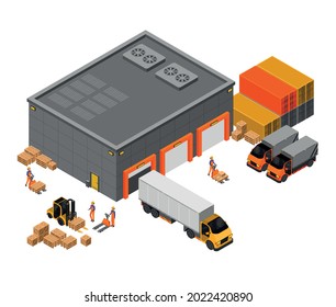 Shipment of goods to trucks from the warehouse and work of forklift trucks vector isometric illustration