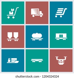 Shipment icon. collection of 9 shipment filled icons such as cargo wagon, luggage cart, medical drone, ship. editable shipment icons for web and mobile.