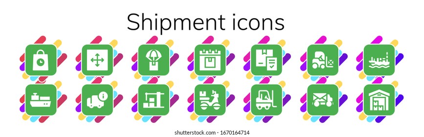 shipment icon set. 14 filled shipment icons. Included Delivery, Cargo ship, Move, Warehouse, Forklift, Mail truck, Ship icons