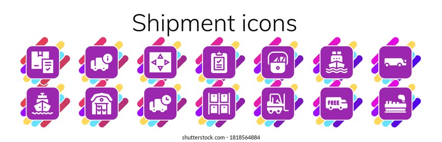 conjunto de iconos de envío. 14 iconos de envío rellenados. Incluida entrega, envío, almacén, traslado, correo, carretilla elevadora, barco de carga, camión de carga, iconos de carga