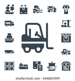 shipment icon set. 17 filled shipment icons.  Collection Of - Ship, Shipping, Forklift, Cargo truck, Warehouse, Delivery, Cargo ship, Mail truck