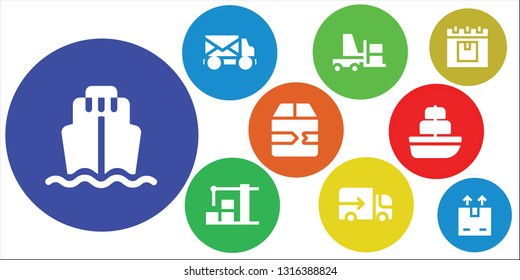shipment icon set. 9 filled shipment icons.  Collection Of - Cargo ship, Mail truck, Forklift, Warehouse, Lorry, Fast delivery, Ship, Delivery, Shipping