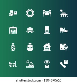 shipment icon set. Collection of 16 filled shipment icons included Shipping, Delivery, Ship, Forklift, Warehouse, Postman, Freight, Cruise, Chain