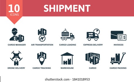 Shipment icon set. Collection contain storage, express delivery, cargo manager, cargo loading, air transportation and over icons. Shipment elements set.