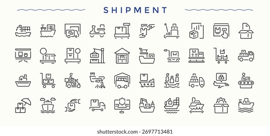 Symbol für Lieferung. Enthält Symbole wie Kurier, Logistik, Auto, Schiff, Lieferung, Paket und mehr. Symbol für Lieferung. Kollektion von Vektorkontursymbolen. Bearbeitbarer Strich. Vektorsammlung.