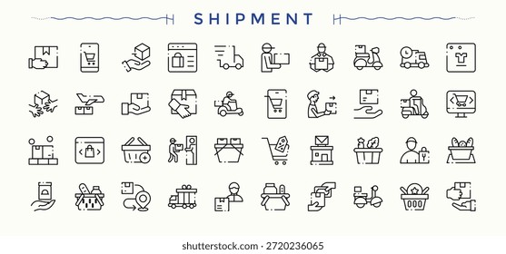 Conjunto de iconos de envío. Conjunto de iconos de entrega. Iconos de línea con trazo editable. Contiene símbolos lineales de paquete, entrega, entrega, logística, mensajería, coche y más. Pictograma e infografía.