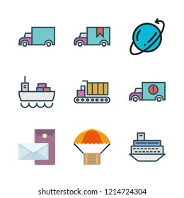 shipment icon set. vector set about cargo ship, postal, cargo truck and ship icons set.