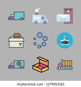 shipment icon set. vector set about postal, loading, cargo truck and open box icons set.
