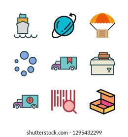 shipment icon set. vector set about open box, delivery, barcode and cargo truck icons set.