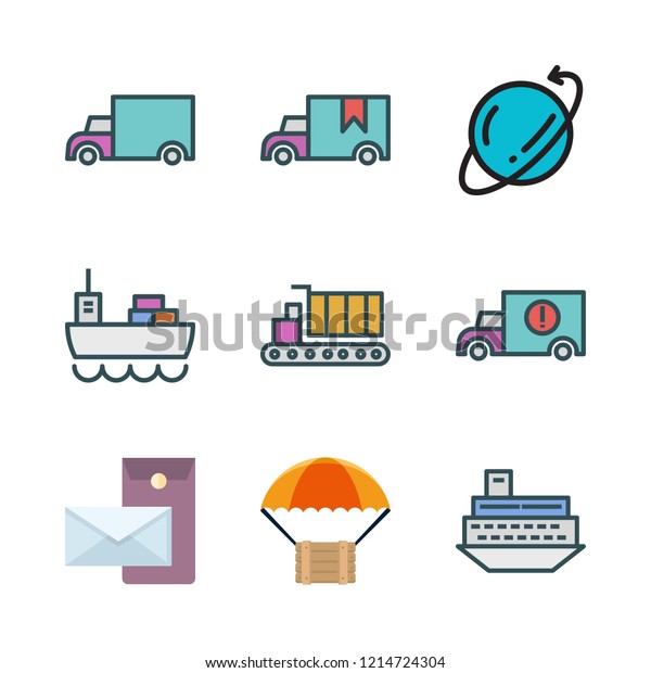 shipment icon set. vector set about cargo\
ship, postal, cargo truck and ship icons\
set.