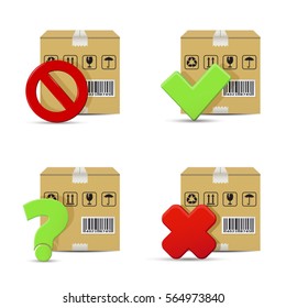 Shipment icons. Cardboard boxes with stop and question signs, wrong and right check marks.
