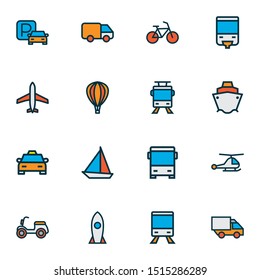 Shipment icons colored line set with bike, taxi, tram and other bicycle elements. Isolated vector illustration shipment icons