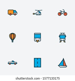 Shipment icons colored line set with road, monorail, bike and other suv elements. Isolated vector illustration shipment icons.