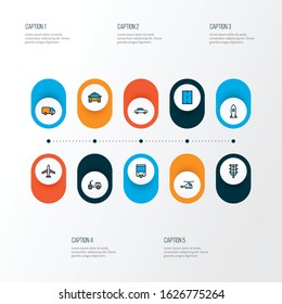 Shipment icons colored line set with helicopter, monorail, traffic light and other cab elements. Isolated vector illustration shipment icons.