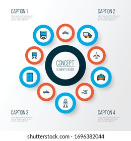 Shipment icons colored line set with taxi, truck, rocket and other aircraft elements. Isolated vector illustration shipment icons.