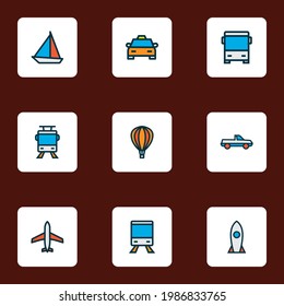 Shipment icons colored line set with balloon, pickup, airplane and other aircraft elements. Isolated vector illustration shipment icons.
