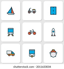 Shipment icons colored line set with sail boat, moped, bike and other spaceship elements. Isolated vector illustration shipment icons.