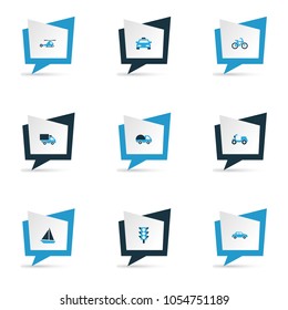 Shipment icons colored set with bogie, sailing ship, traffic light and other stoplight elements. Isolated vector illustration shipment icons.