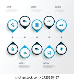 Shipment icons colored set with bogie, helicopter, bike and other aerostat elements. Isolated vector illustration shipment icons.