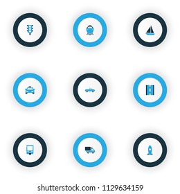 Shipment icons colored set with pickup, traffic light, road and other cab elements. Isolated vector illustration shipment icons.