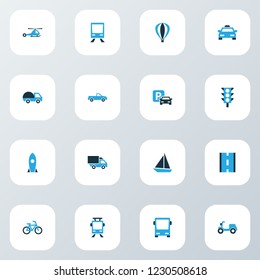 Shipment icons colored set with pickup, moped, camion and other parking elements. Isolated vector illustration shipment icons.