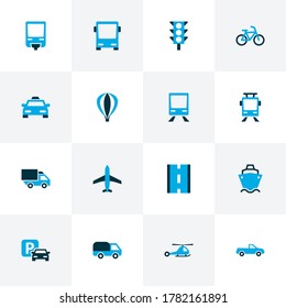 Shipment icons colored set with pickup, road, train and other way elements. Isolated vector illustration shipment icons.