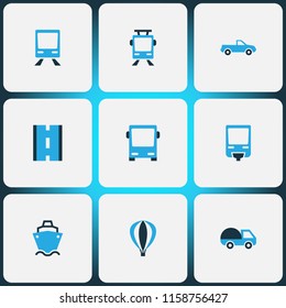 Shipment icons colored set with streetcar, bus, road and other aerostat elements. Isolated vector illustration shipment icons.