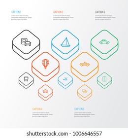 Shipment icons line style set with road, bus, balloon and other pickup elements. Isolated vector illustration shipment icons.