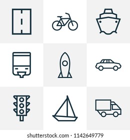Shipment icons line style set with sailboat, lorry, way and other traffic light elements. Isolated vector illustration shipment icons.