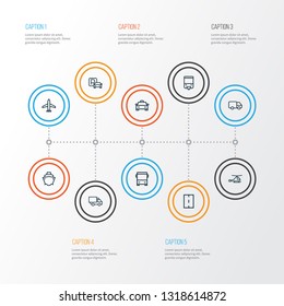 Shipment icons line style set with chopper, lorry, tanker and other taxi elements. Isolated vector illustration shipment icons.