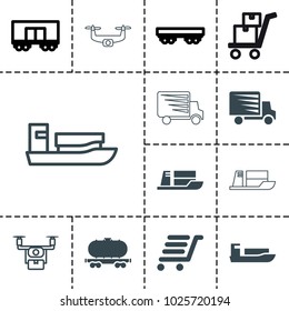 Shipment icons. set of 13 editable filled and outline shipment icons such as ship, cargo wagon, luggage cart, medical drone