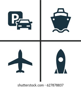 Shipment Icons Set. Collection Of Aircraft, Tanker, Road Sign And Other Elements. Also Includes Symbols Such As Spaceship, Rocket, Parking.
