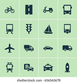 Shipment Icons Set. Collection Of Aircraft, Skooter, Automobile And Other Elements. Also Includes Symbols Such As Wagon, Trolley, Tram.