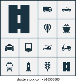Shipment Icons Set. Collection Of Airship, Spaceship, Streetcar And Other Elements. Also Includes Symbols Such As Motorbike, Camion, Flight.
