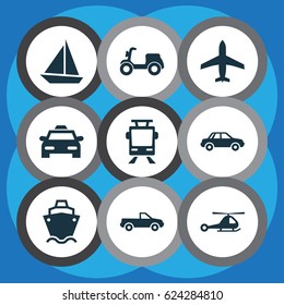 Shipment Icons Set. Collection Of Cab, Chopper, Skooter And Other Elements. Also Includes Symbols Such As Chopper, Aircraft, Tanker.