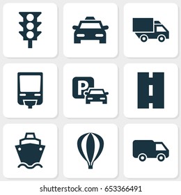 Shipment Icons Set. Collection Of Cab, Tanker, Stoplight And Other Elements. Also Includes Symbols Such As Van, Truck, Auto.