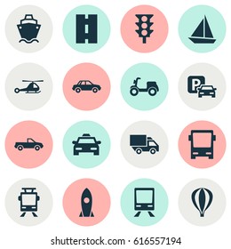Shipment Icons Set. Collection Of Cabriolet, Automobile, Road Sign And Other Elements. Also Includes Symbols Such As Light, Cab, Bus.