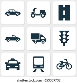 Shipment Icons Set. Collection Of Cabriolet, Way, Railway And Other Elements. Also Includes Symbols Such As Camion, Bicycle, Car.