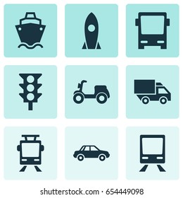 Shipment Icons Set. Collection Of Railway, Streetcar, Omnibus And Other Elements. Also Includes Symbols Such As Wagon, Automobile, Camion.