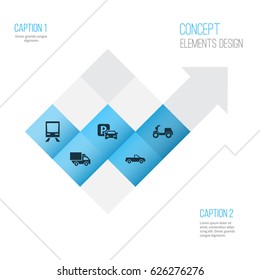 Shipment Icons Set. Collection Of Skooter, Cabriolet, Road Sign And Other Elements. Also Includes Symbols Such As Moped, Parking, Motorbike.