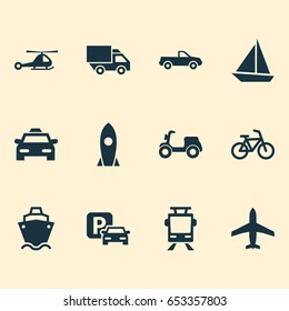 Shipment Icons Set. Collection Of Skooter, Spaceship, Chopper And Other Elements. Also Includes Symbols Such As Camion, Airplane, Helicopter.