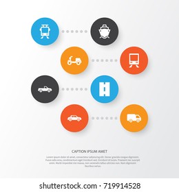 Shipment Icons Set. Collection Of Skooter, Streetcar, Truck And Other Elements. Also Includes Symbols Such As Railway, Motorbike, Train.
