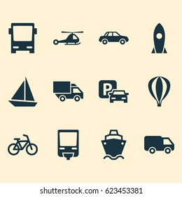 Shipment Icons Set. Collection Of Spaceship, Omnibus, Truck And Other Elements. Also Includes Symbols Such As Bike, Rocket, Camion.